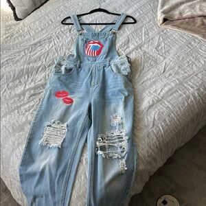 Denim Overalls with Red Lips Patch